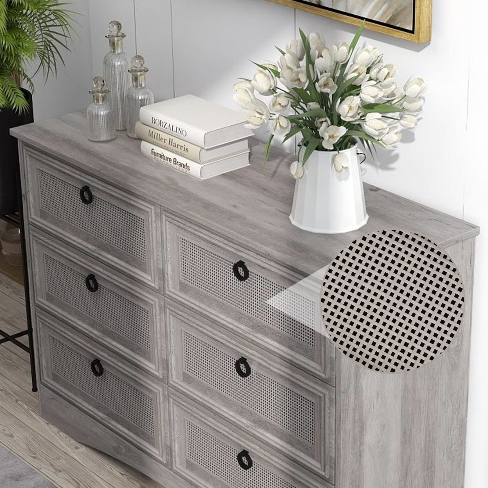 HUJAUU 6 Drawer Dresser for Bedroom, Rattan Wide Chest of Drawers for Living Room, Gray