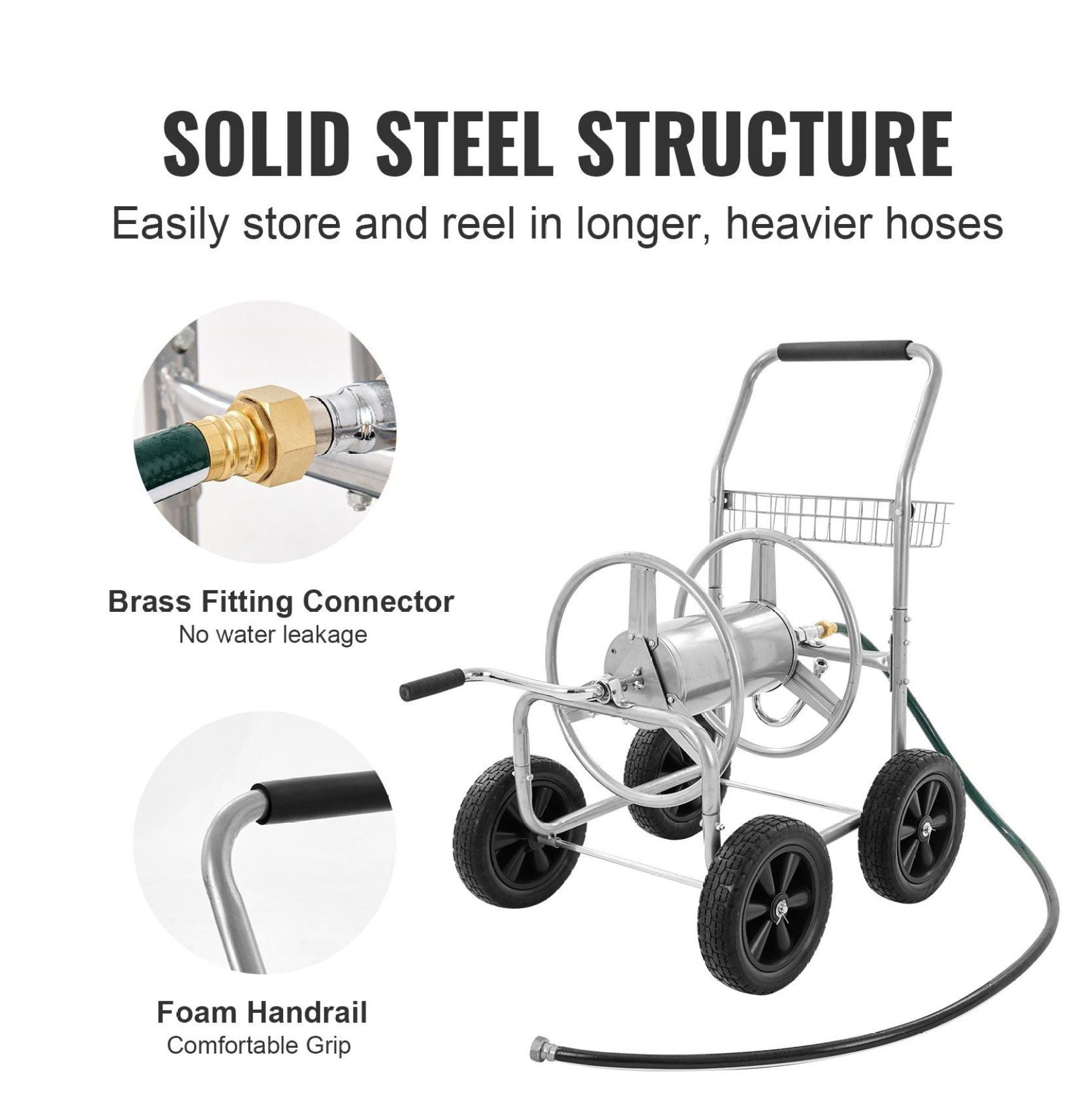 Hose Reel Cart 300ft 5/8'' Garden Hose, Mobile Water Hose Cart with 4 Wheels, Heavy Duty Steel Hose Reel for Yard, Lawn, Outdoor Use