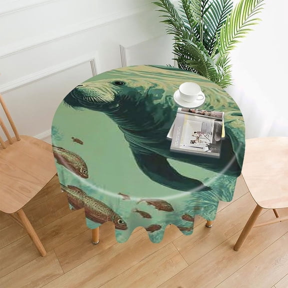 RKSupls 60 Inch Round Tablecloth, Manatee Fish Underwater Premium Polyester Straight Edge Wrinkle Resistant Washable Table Cover for Party Home Dining Decor