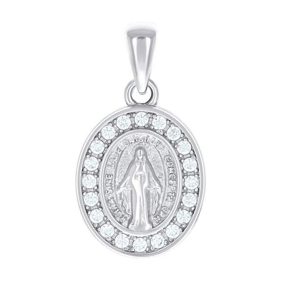 925 Sterling Silver Unisex Cubic Zirconia Oval Immaculate Conception Virgin Mary Religious Pendant Necklace 20.3x11.5mm
