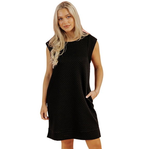 Women's Black Textured Cap Sleeve Shift Mini Dress - Effortlessly Chic | [ZhiHiMeRi] | (US 12-14)L