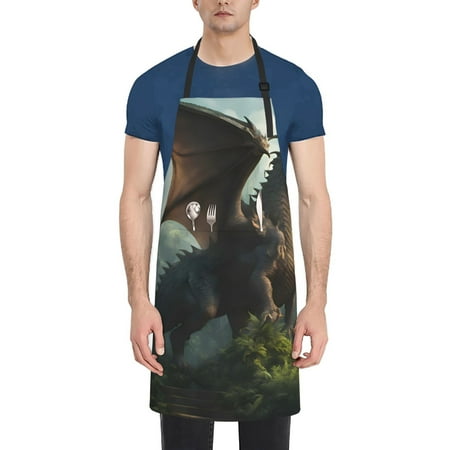 

Qekee Forest Stone-Colored Dragon Print Waterproof Apron with Pockets Adjustable Cooking Aprons Kitchen Bib for Baking Household Cleaning