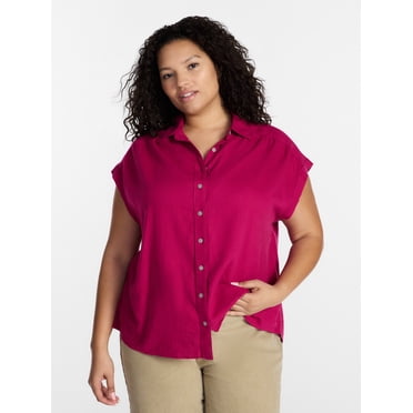 Terra & Sky Women's Plus Linen Blend Camp Shirt, Sizes 0X-5X