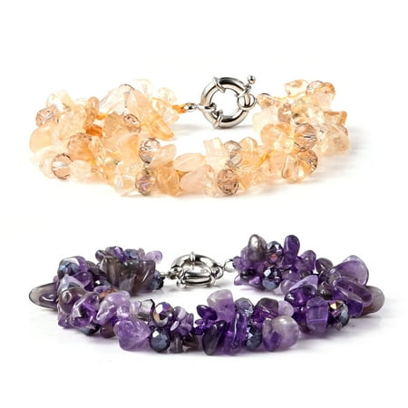 Set of 2 Citrine Amethyst Chips Bracelet Unique Costume Promise Stylish Elegant Fashion Jewelry for Women