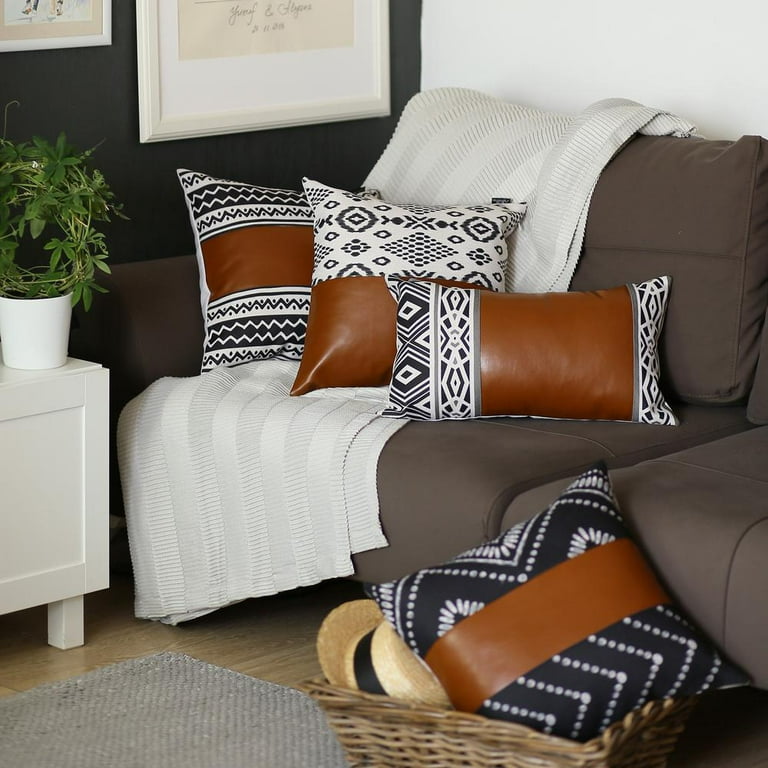 Rectangular Rustic Brown Faux Leather And Geometric Patterns Lumbar Pillow Cover Rectangular Rustic Brown Faux Leather And Geometric Patterns Lumbar Pillow Cover