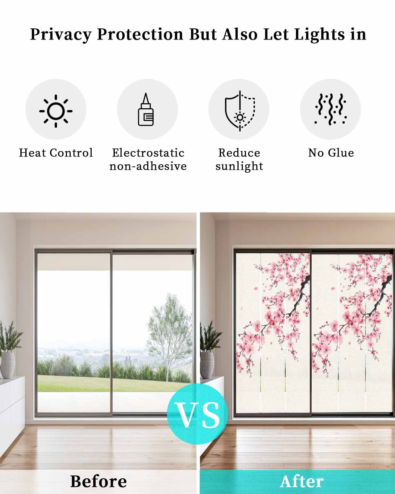 Window Privacy Film Cherry Blossoms Stained Glass Window Film Decorative Sun Block Window Cover Pink Flower Floral Spring Nature Country Window Clings Static Adhesive Sticker for Bathroom 29.5"x78.7"