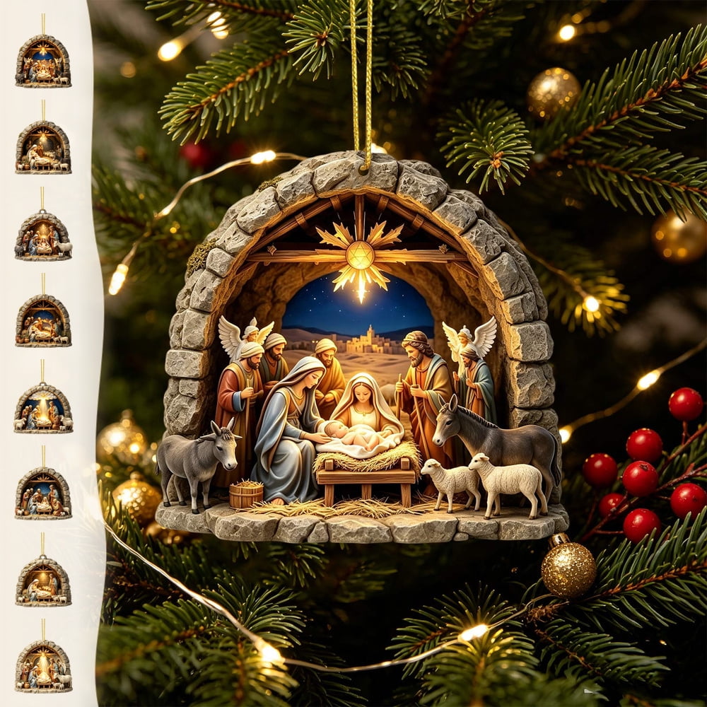 Wodellrrea Nativity Scene Acrylic Christmas Ornament Holy Family Manger Hanging Decoration 3.15 Inch Religious Holiday Tree Pendant for Wreath Window Mantel Stone Arch Nativity Design A
