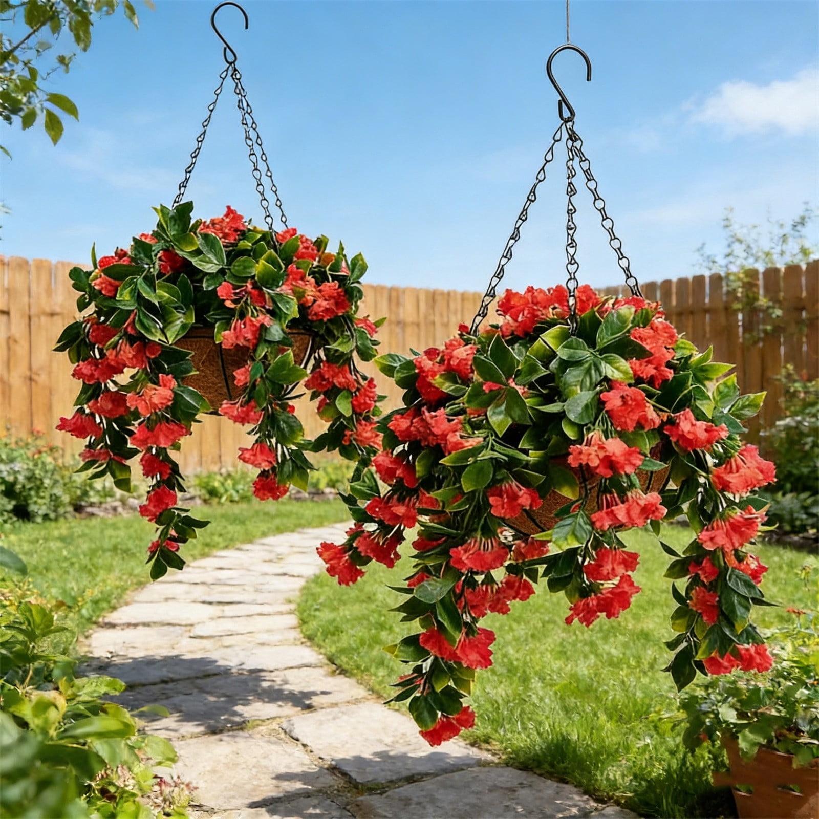 Set of 2 Artificial Hanging Baskets – 15 Inch Faux Crepe Myrtle Flowers with Chain, UV Resistant Fake Plants for Outdoor Patio, Porch, Balcony, & Spring Summer Decor,A