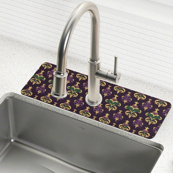 Yayeee Faucet Mat for Kitchen Sink 14.7" Diatomite Long Splash Guard Pad, Gold and Purple Floral Pattern