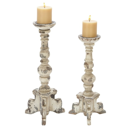 Wooden Candle Holder In Contemporary Rubbed Finish - Set Of 2