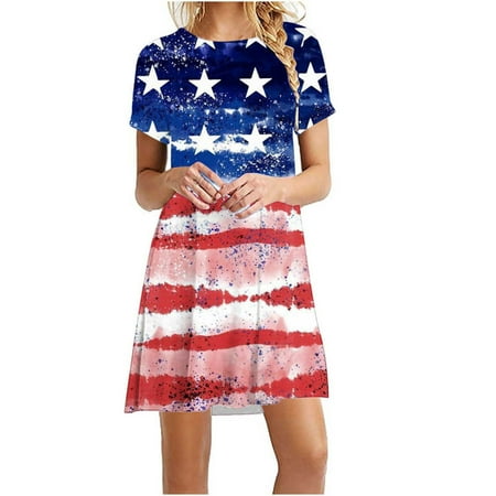 

Hvyesh Summer Dresses Women 2023 Plus Size Party Long Dress American Flag Graphic Crew Neck Sundresses Short Sleeve Flowy Dresses Dark Blue