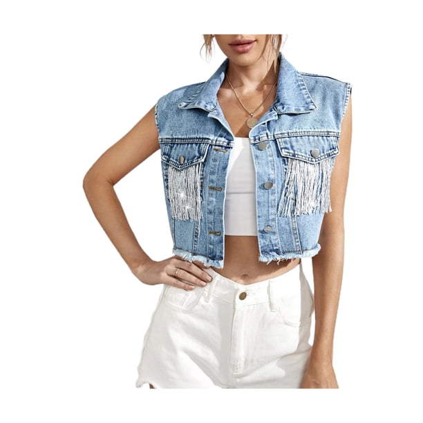 VISgogo Abrigo corto para mujer, manga larga/sin mangas con borlas decorativas, chaqueta corta con botones, ropa de abrigo informal de estilo callejero VISgogo moda