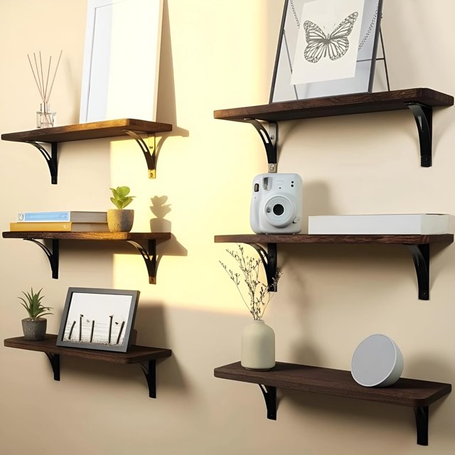 Reinforced Steel Bracket Room Shelves for Bedroom Wall - Easy to Install Template and Video Included - Wall Mounted Rustic Wood Shelves for Bathroom Home Décor