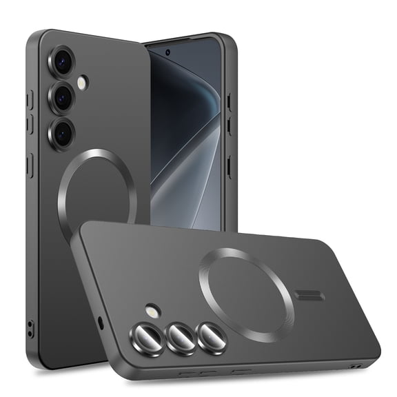 Elegant Choise Case with Screen Protector for Samsung Galaxy S25 Ultra/S25 Plus/S25 Liquid Silicon Magnetic Mag Safe Cover with Camera Lens Film, Black