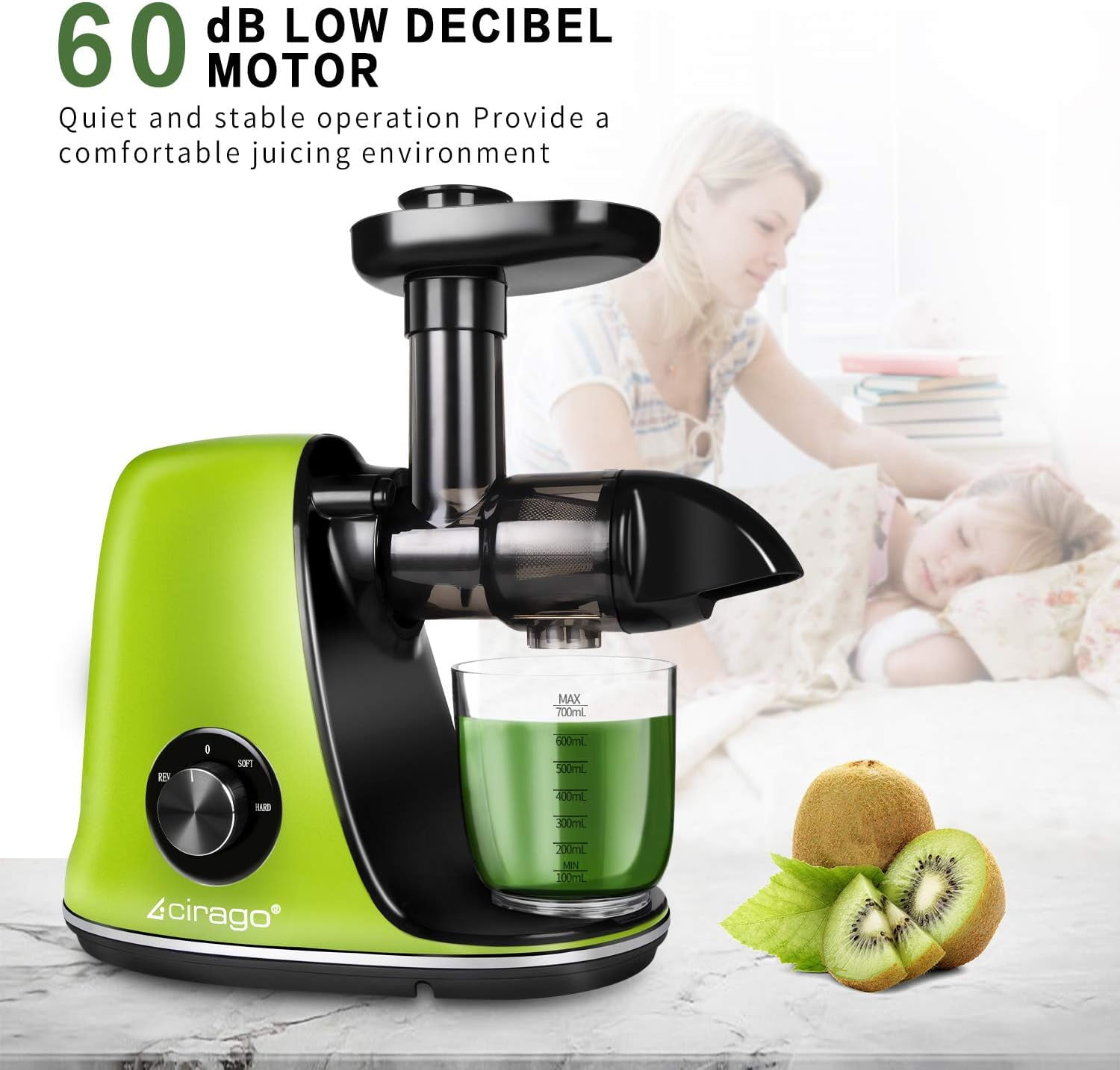 Horizontal Cold Press Juicer, Two Speed ​ ​ Adjustments, Slow Masticating Juicer Extractor, Easy to Clean, Silent Motor, Suitable for Vegetables and Fruits,  (Green)