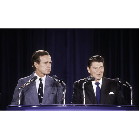 Ronald Reagan and George Bush Sr giving a speech Photo