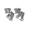 thumbnail image 2 of RUINIXCW Toddler Baby Girl Halloween Outfit Infant Baby Girl Summer Fall Clothes Cute Pumpkin Ghost Embroidery Short Sleeve Plaid Shirt Tops Flared Pants Set, 2 of 9