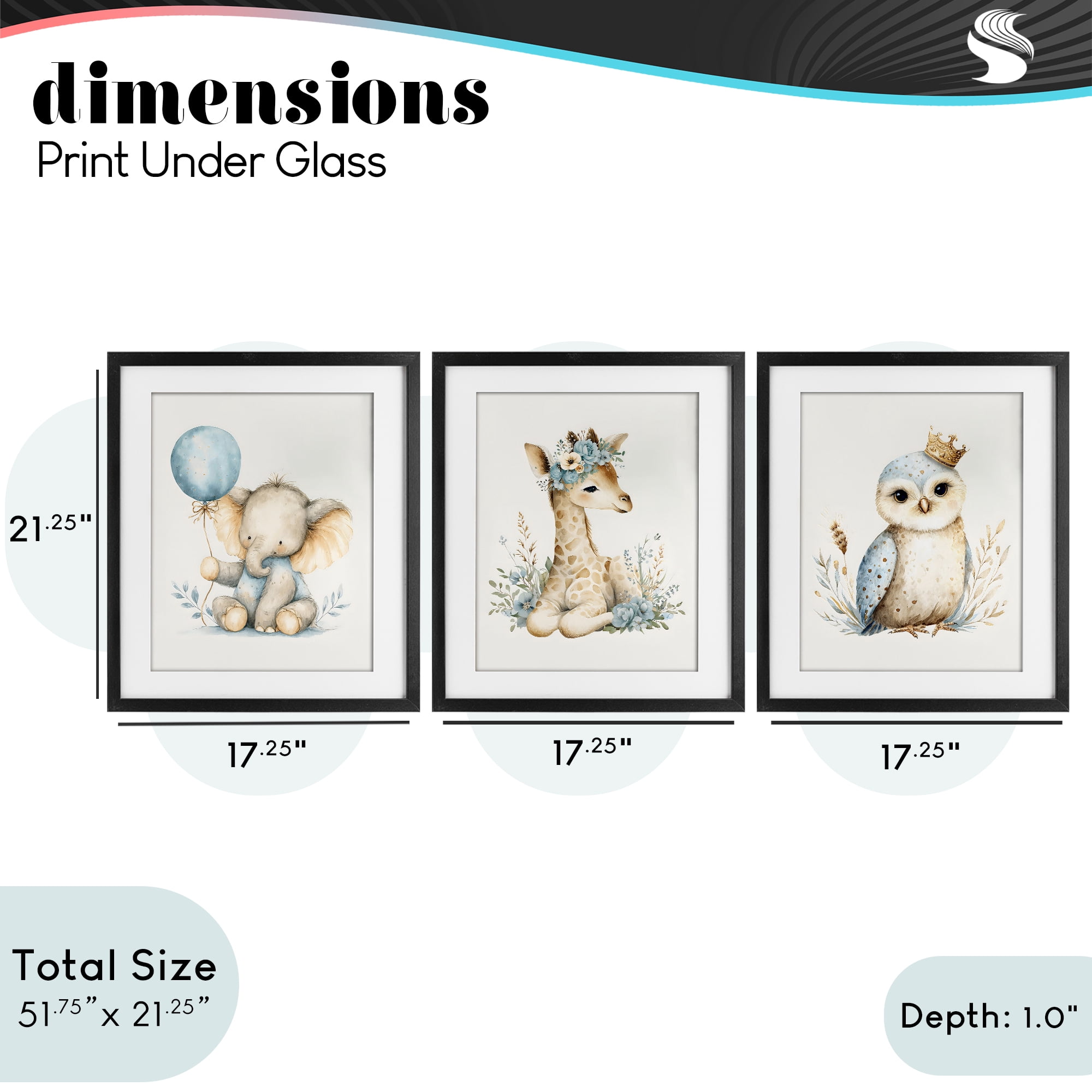 Stupell Industries Watercolor Nursery Animals 3 Piece Black Framed Print Under Glass Set, design by LSR Design Studio