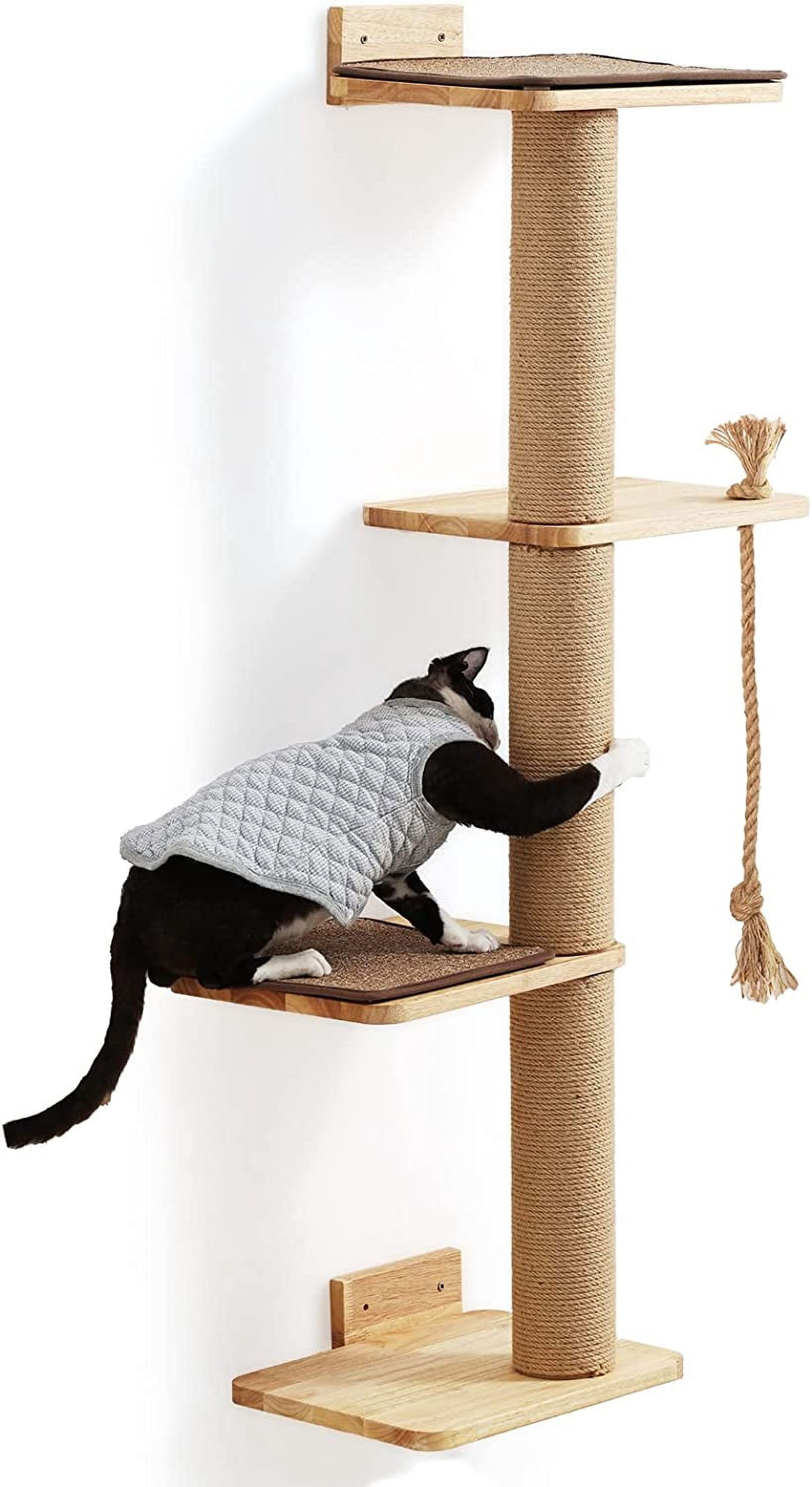 Cat Scratching Activity Tree Wall Mounted, 50 Inch Cats Scratch Post, with Kitten Bed, Rubber Wood Scratcher Posts, Large