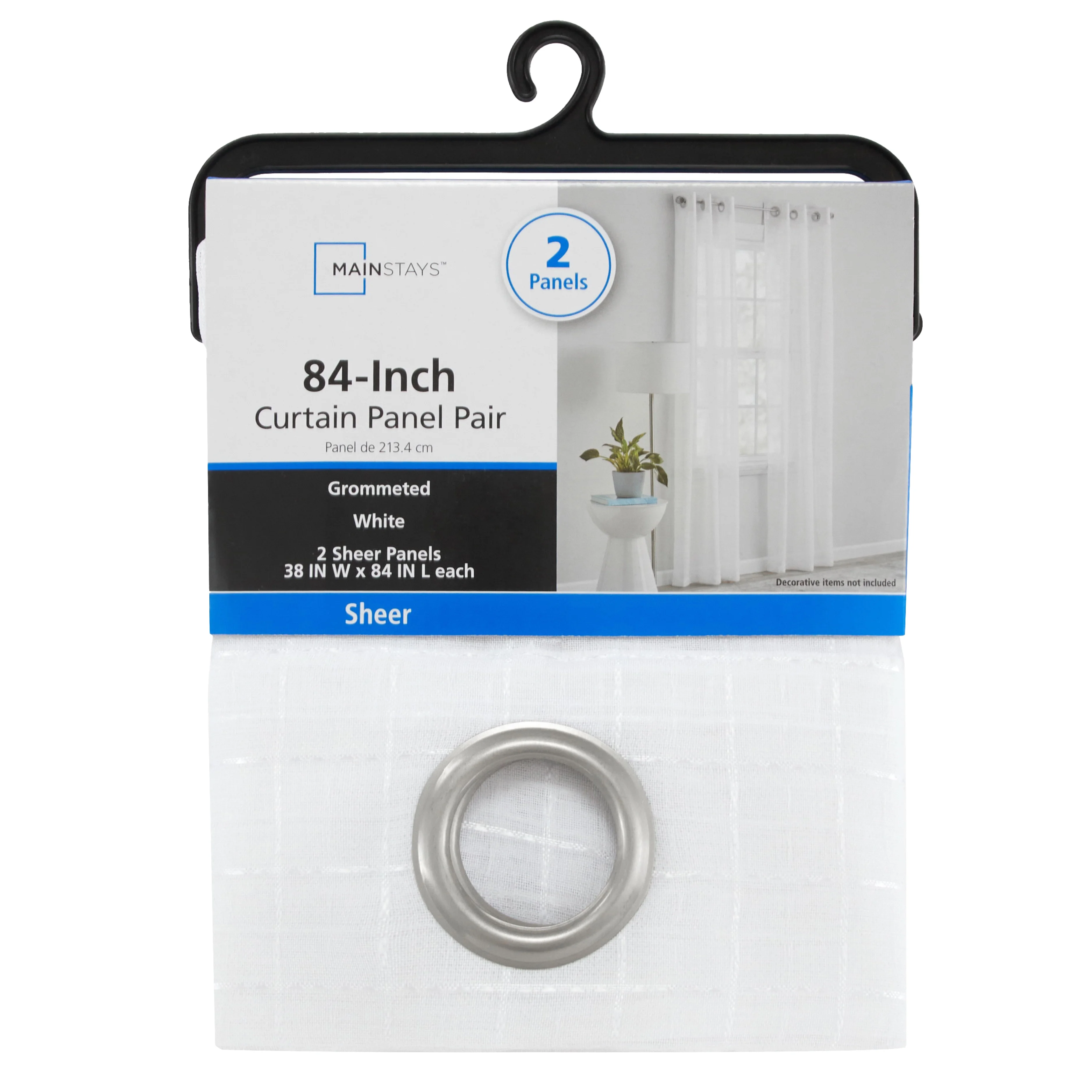 (2 pack) Mainstays Windowpane Sheer Curtain Panel Pair, Set of 2, White, 38" W x 84" L