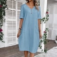 thumbnail image 2 of Women's Plus Size Dress Casaul Button Short Sleeve V-Neck Loose Solid Color Summer Beach Midi Dress with Two Pockets Light Blue S-2XL, 2 of 8