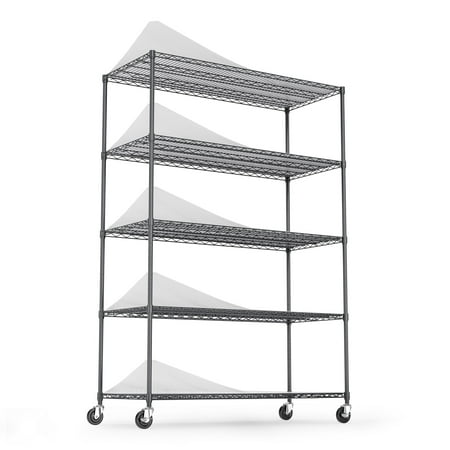 COOKCOK 5-Tier Wire Shelving Unit, Height Adjustable Metal Storage Shelf, 48" x 24" x 82" Garage Storage Shelves with Wheels, 600lbs Capacity, Heavy Duty Wire Rack with PE Mat, NSF Certified, Black