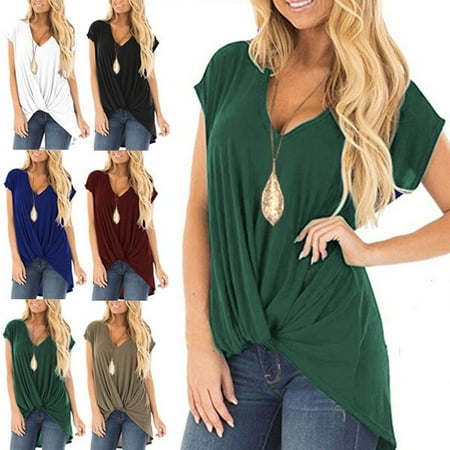 Womens Casual V Neck Short Sleeve T-shirt Knot Loose Blouse Ladies Fashion Solid Color Tunic (Best Way To Get Knots Out Of Neck)