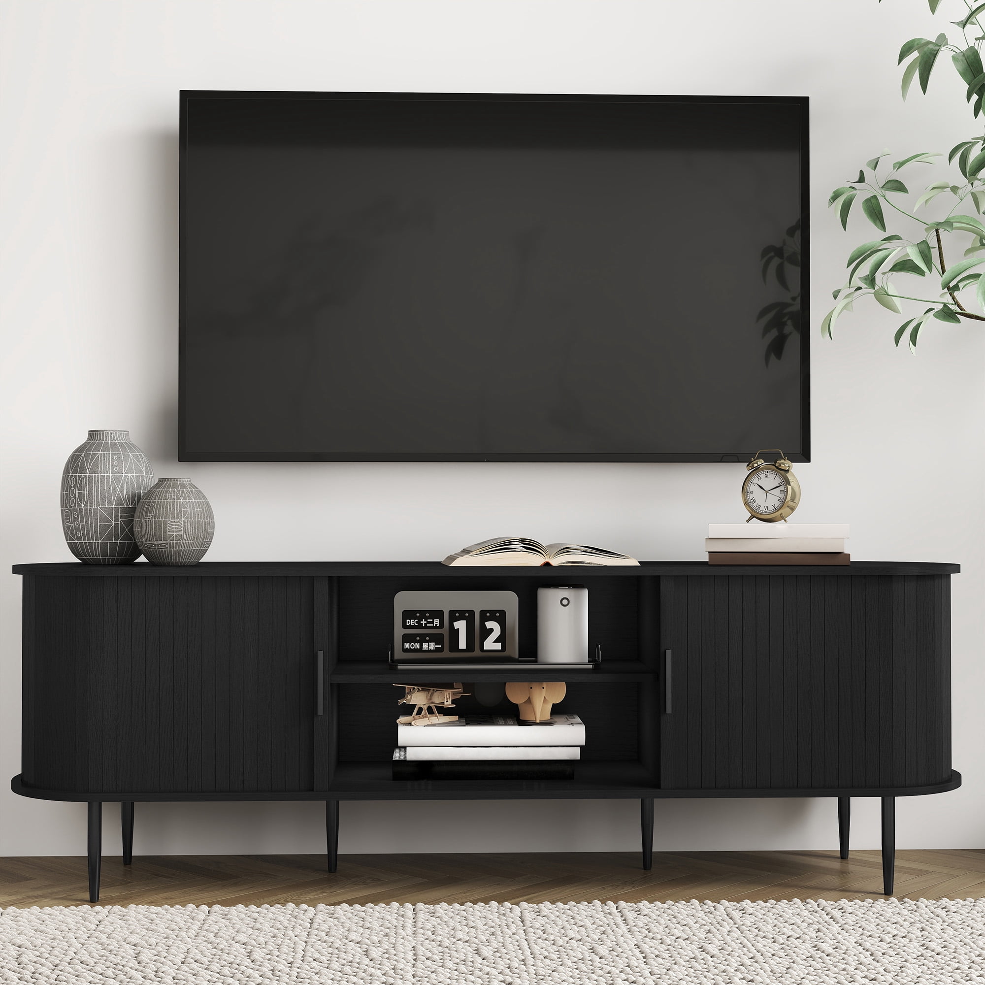 HLR 70" Mid Century TV Stand with Tambour Door for TVs up to 80", Entertainment Center with Storage, Black