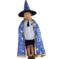 thumbnail image 1 of Xihbxyly Conjunto de Capa y Sombrero de Bruja Azul Estrellada, Disfraz de Halloween, Estampado de Estrellas Doradas, Unisex para Niños, Satén, 100-160 Cm de Altura., 1 of 3