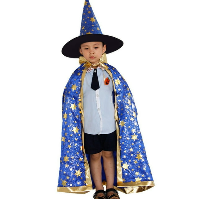 Xihbxyly Conjunto de Capa y Sombrero de Bruja Azul Estrellada, Disfraz de Halloween, Estampado de Estrellas Doradas, Unisex para Niños, Satén, 100-160 Cm de Altura.