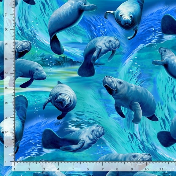Cotton Playful Manatee Sea Ocean Animals Bubbles Timeless Treasures Cotton Fabric Print by the Yard (MICHAEL-CD1974-BLUE)