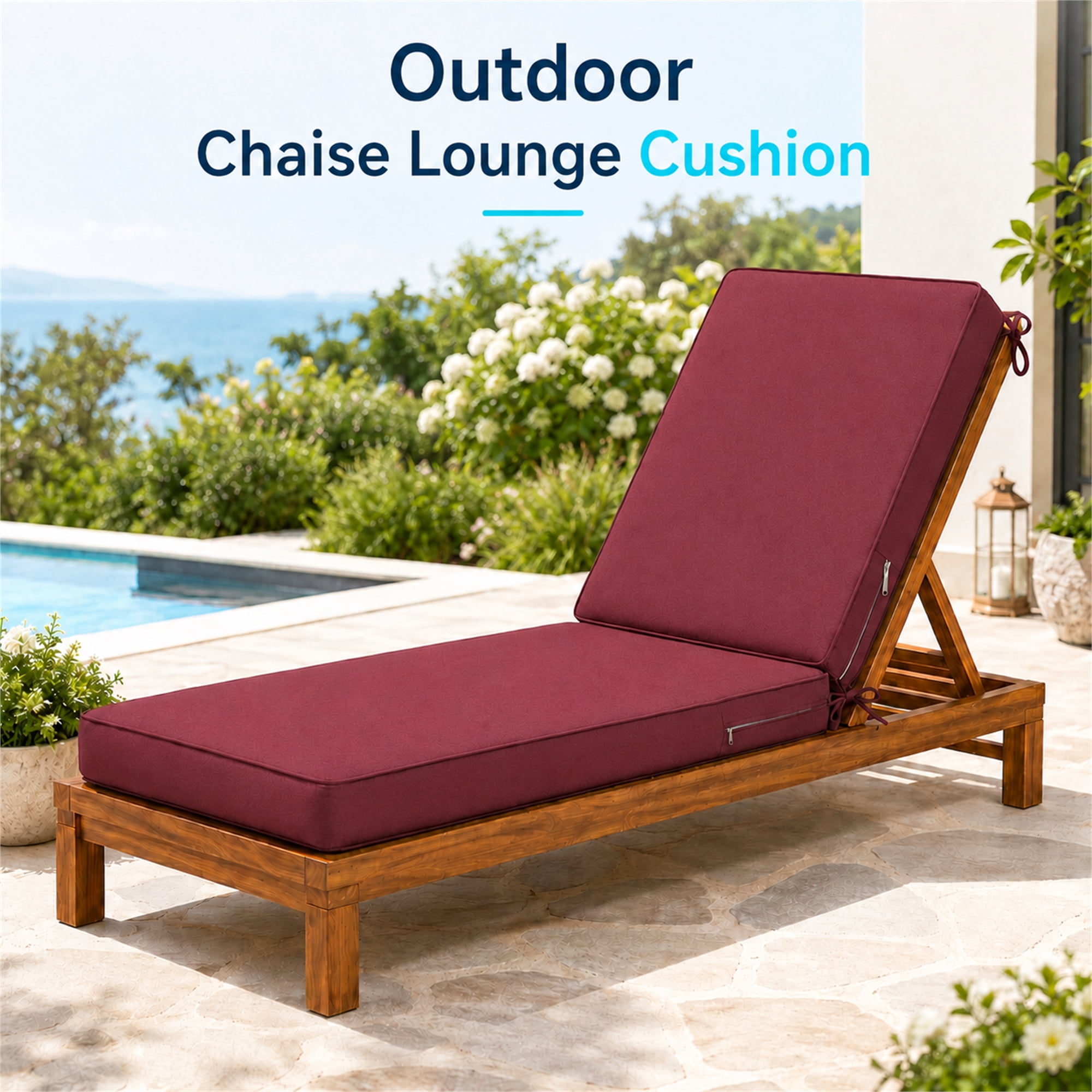 Millsilo Outdoor Chaise Lounge Cushion, 72" x 21" x 3" Patio Lounge Chair Cushion, Water-Resistant UV-Protected Replacement Cushion with High Density Foam, Burgundy