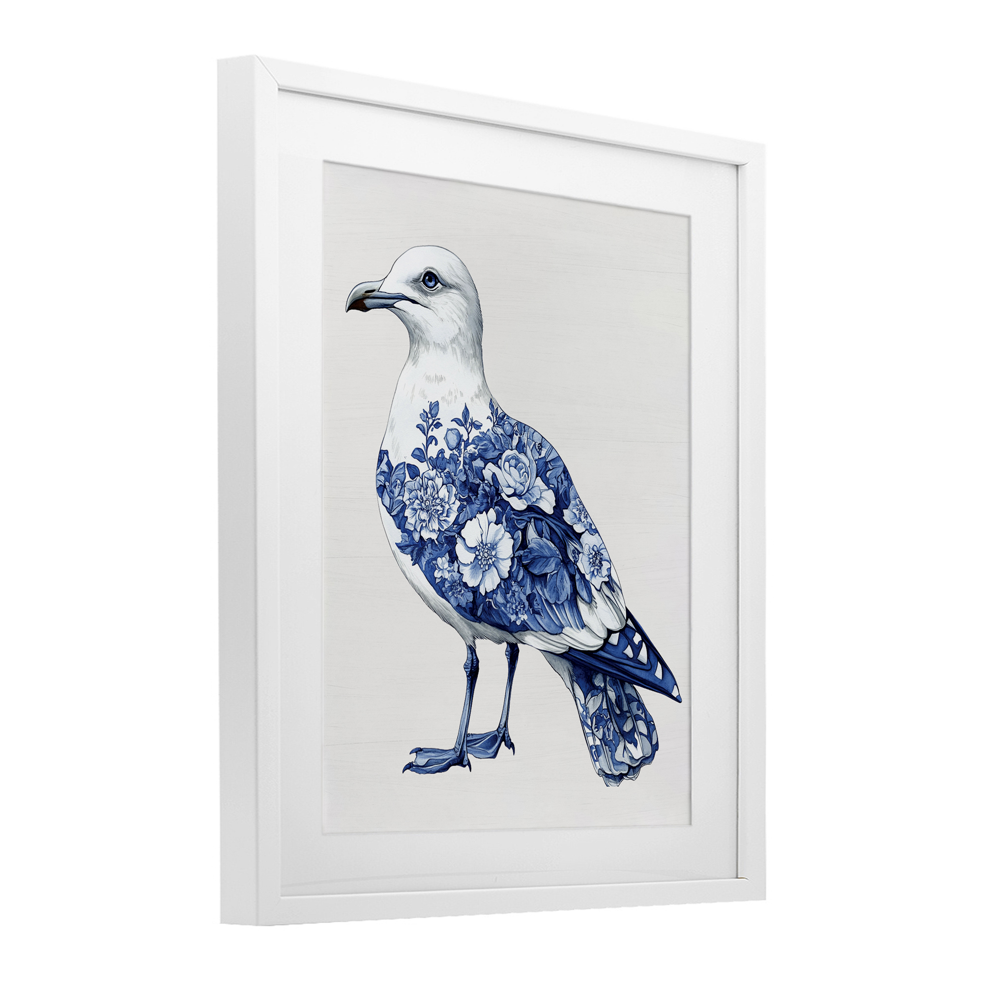 Funky Toile Seagull White Framed Print Under Glass, design by Lettered and Lined