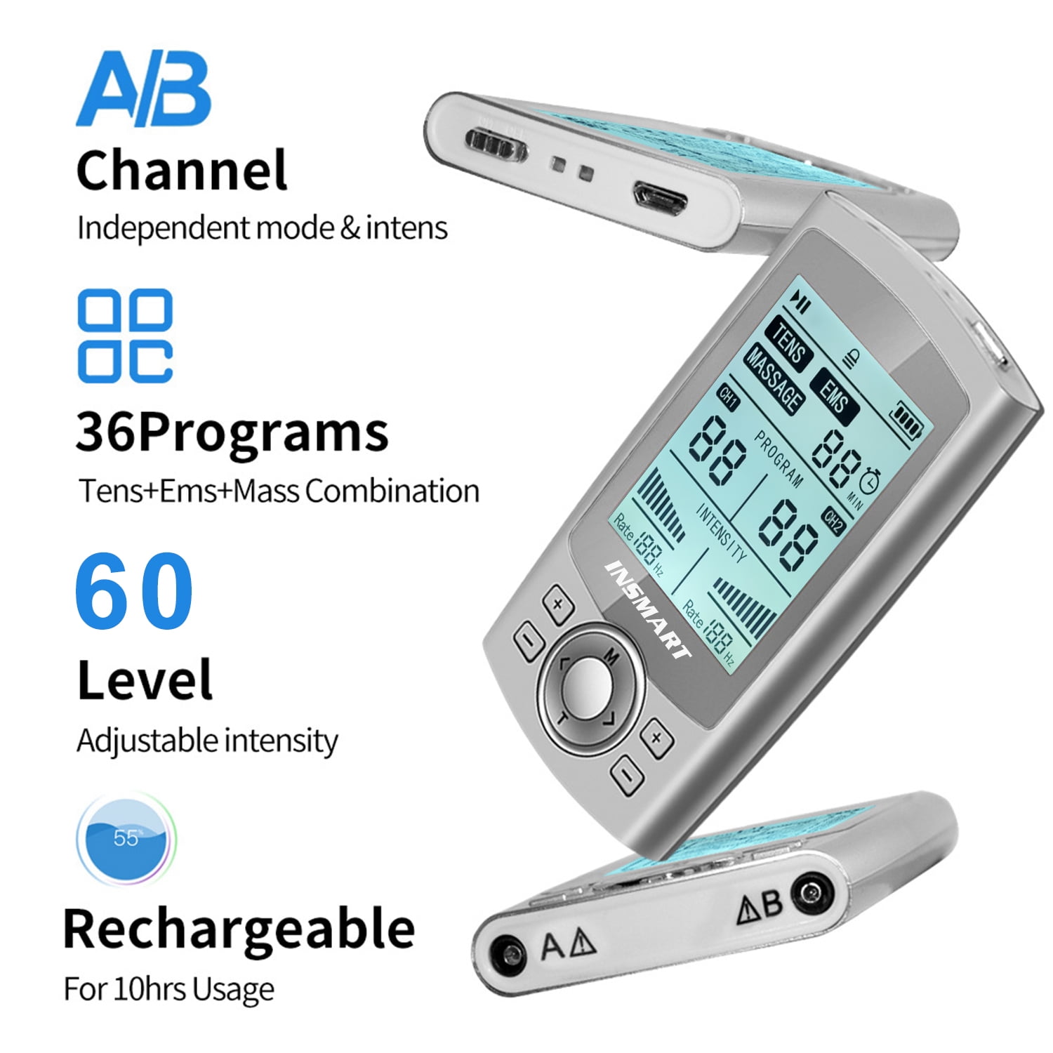 INSMART TENS Unit Rechargeable Muscle Stimulator EMS Dual Channel with 10 Reusable Electrode Pads 60 Modes for Back Neck Pain Muscle Therapy Pain Management Pulse Massager (Upgrade)