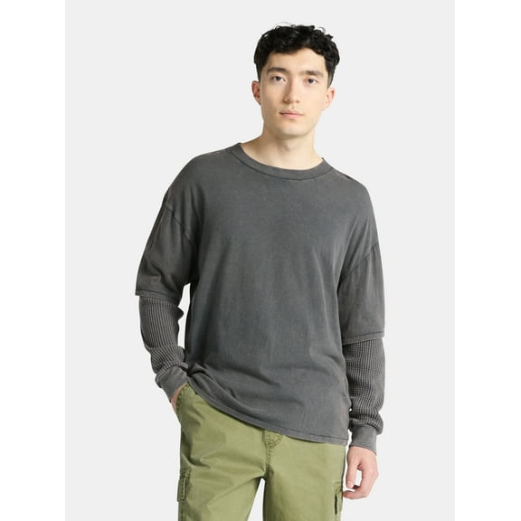 No Boundaries Cotton Washed Tee with Layered Long Sleeves, Men's & Big Men's