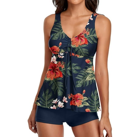 IDALL Tankini Swimsuits Bathing Suit Two Piece Floral Print Tank Top With Boyshorts Tummy Control Swimming Suits Swim Suits for Women Camisole Tops Red 2XL(Clearance Sales)