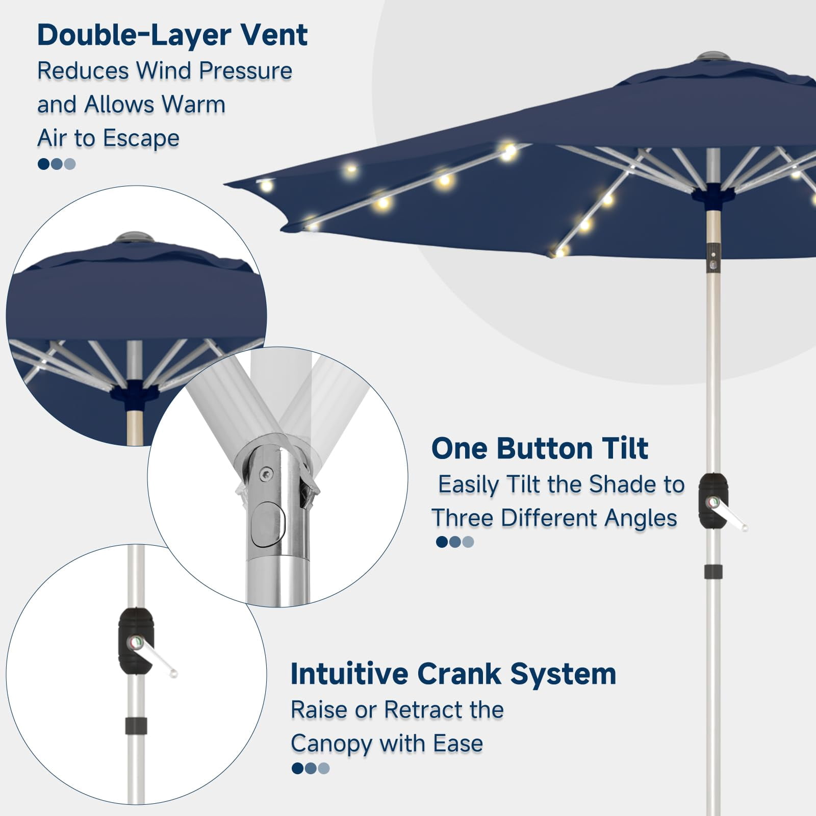 UPHYB 9FT 40 Solar Lighted Patio Umbrella, Fade-Resistant Outdoor Market Table Umbrella with Push Button Tilt Function, 8 Sturdy All-Aluminum Ribs for Gardens, Decks, Backyards & Pools (Navy Blue)