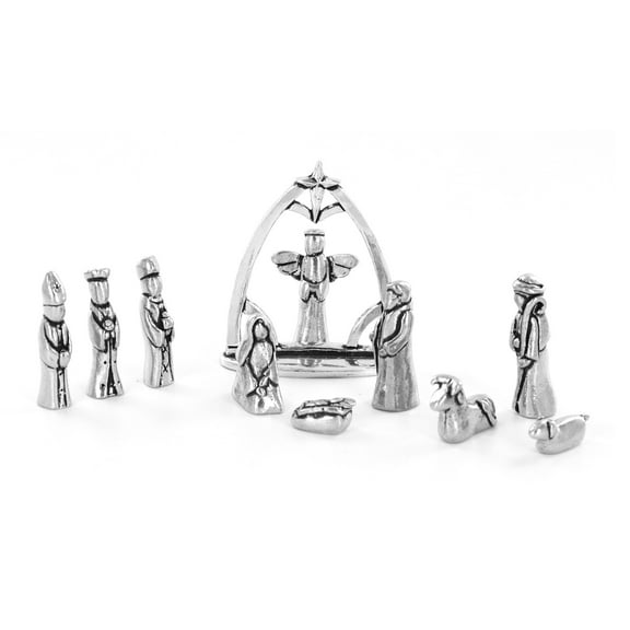 Nativity Set with Chreche Mini Pewter Figurine 11 Pc Set with Velvet Pouch