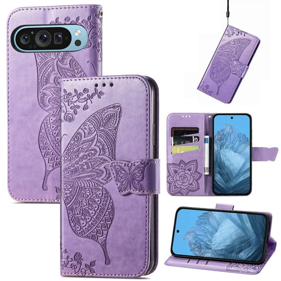 Feishell Wallet Case for Google Pixel 10 /10 Pro with Hand Strap,Butterfly & Flower Embossed PU Leather TPU Inner Shell Magnetic Flip Stand Card Slots Shockproof Protective Phone Cover,Lightpurple