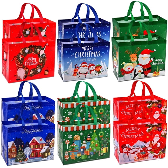 Faburo 12 pack Christmas Tote Bags with Handles, Reusable Non-Woven Shopping Bags for Xmas Gifts Wrapping Holiday Party Supplies,12.8"x9.8"x6.7