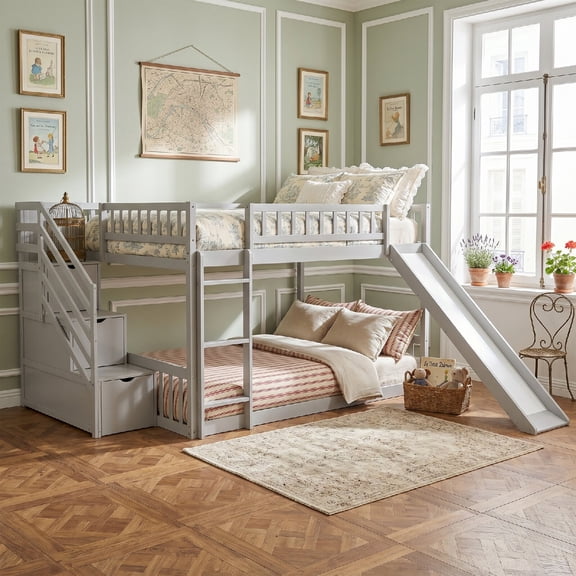 Full over Full Bunk Bed Frame with 2 Drawers and Slide, Modern Wood Bunk Bed with Storage Staircase and Ladder for Kids Boys, Girls, Bedroom, Apartment, Mattress Not Included, Gray