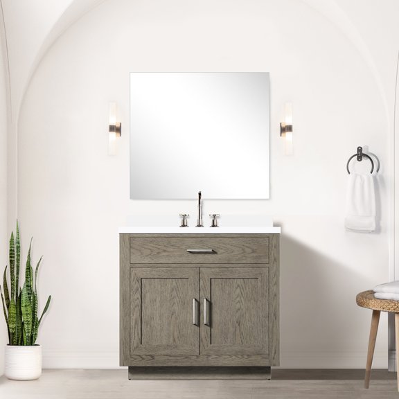 Grey Oak Single Bath Vanity 36 In. W X 22 D With Marble Countertop & Mirror - Soft Close Cabinet 36" 22" Bathroom And Included