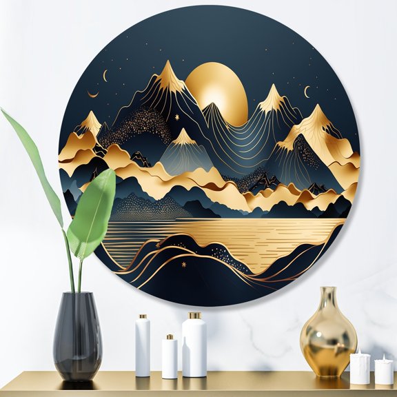 Designart "Minimalist Mountains Gold II" Minimalism Landscape Metal Round Wall Art Prints