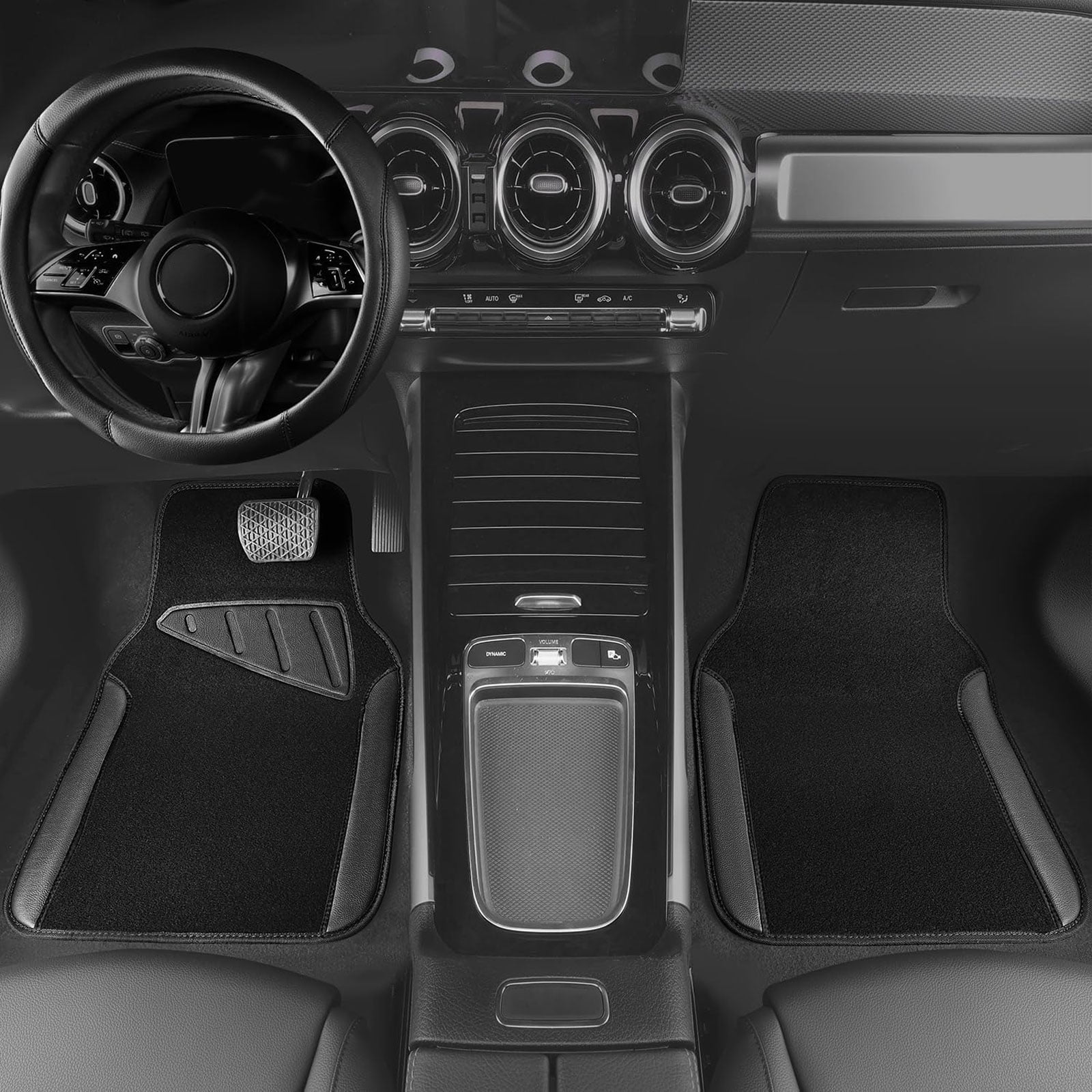 CAR GRAND Faux Leather Car Steering Wheel Cover Combo Pack Car Floor Mats, Universal Fit Waterproof Anti-slip Carpet 14.5-15 Inches Black & Black