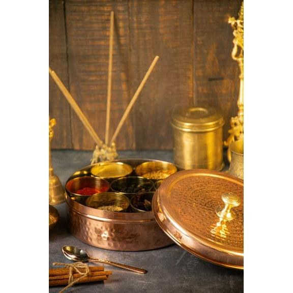7.5 Inch Dia Handcrafted Indian Spice Box (Copper)