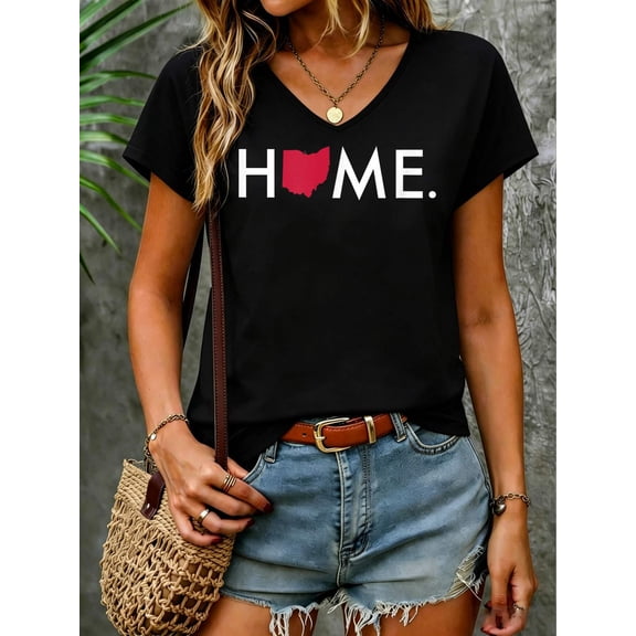 Home State Ohio V Neck T-Shirt Cotton Women's V Neck Graphic Tee, Casual Short Sleeve Shirt,Vacation Outfit