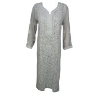 Mogul Women's White Long Tunic Floral Hand Embroidered Sheer Georgette Dress Long Sleeves Bikini Cover Up Beach Wear Ethnic Indian Kurti Caftan S/M