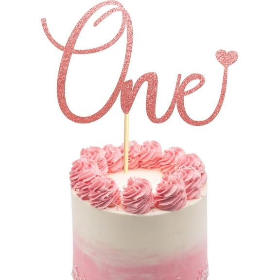 One Cake Topper with Heart Baby First Birthday Cake Decorations for Baby Shower Boys Girls Kids 1st Birthday Party Decorations Supplies - Rose Gold Glitter