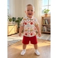 thumbnail image 6 of BemeyourBBs Toddler Baby Boys Back to School Outfit Kids Kindergarten Outfits Baby Boy Summer Clothes Stationery Apple Print Collar Short Sleeve Button Down Shirt Tops and Pockets Shorts Set, 6 of 9
