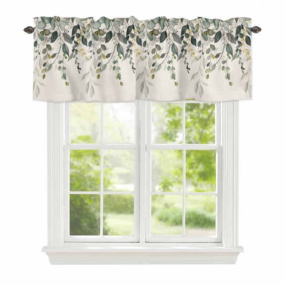 Sage Green Eucalyptus Leaf Window Valance for Kitchen, Spring Country Farmhouse Plants Leaves Linen Rod Pocket Short Curtain for Small Windows, Light Filtering Decorative Valance, 42 x 18 Inch